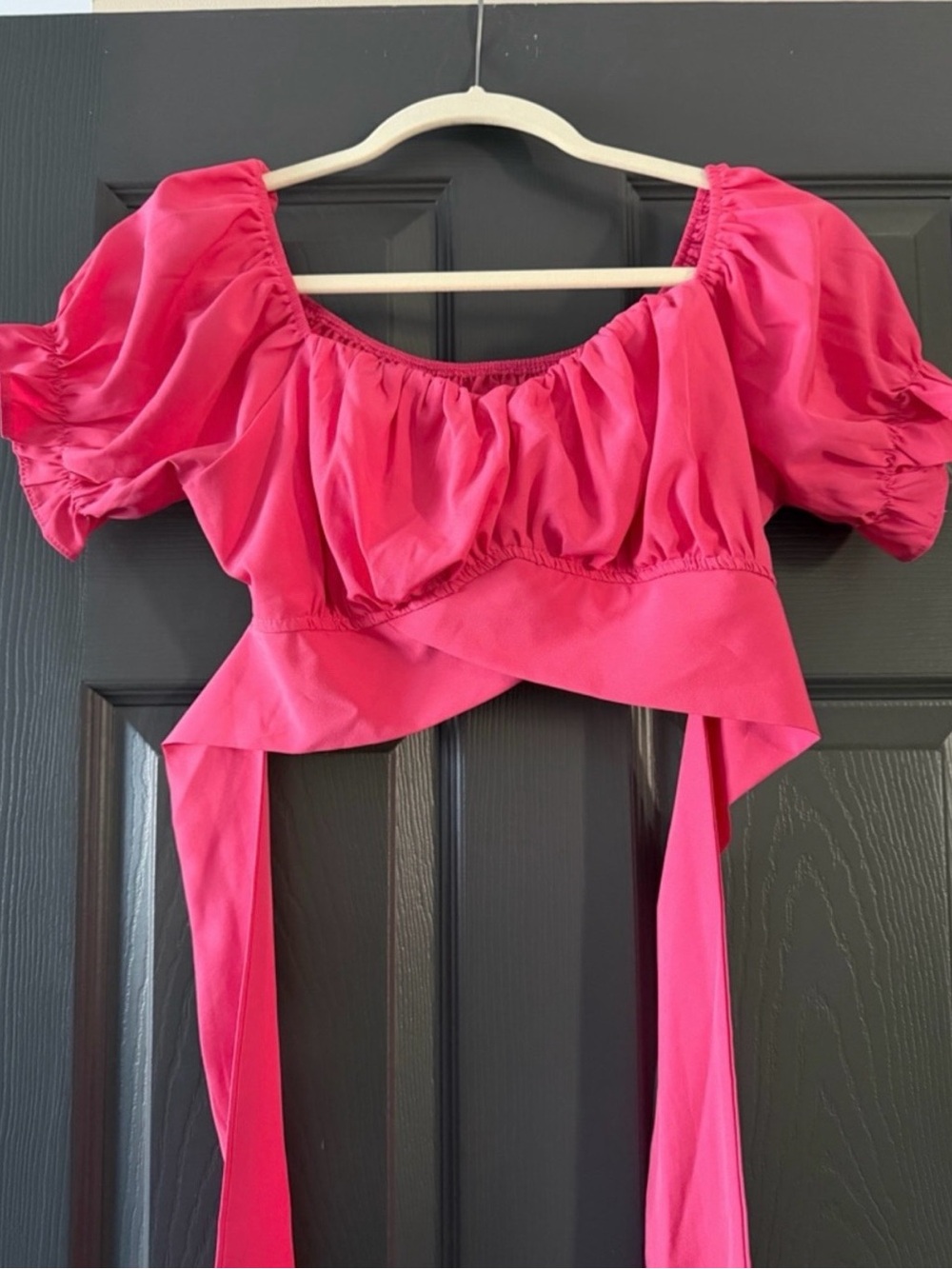 LYANER Hot Pink Off Shoulder Tie Back Crop Top L Puff Sleeve - Picture 7 of 8